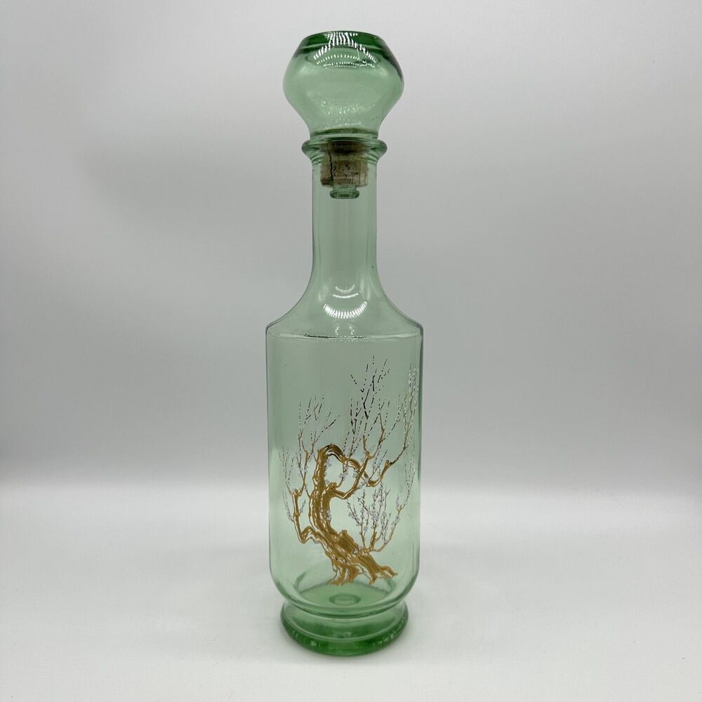 Vintage 1960's Green Glass Decanter Gold Tree White Blossom 12"